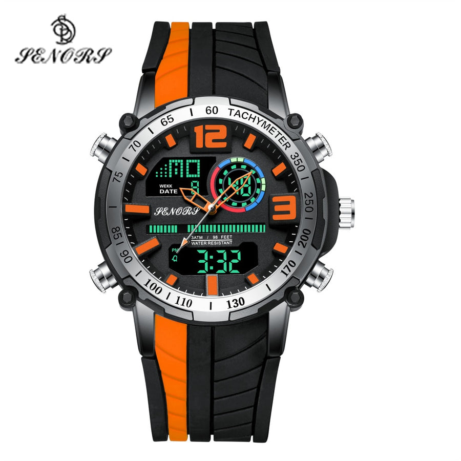 SENORS orange and black watch with analog hands and digital LCD sub-displays
