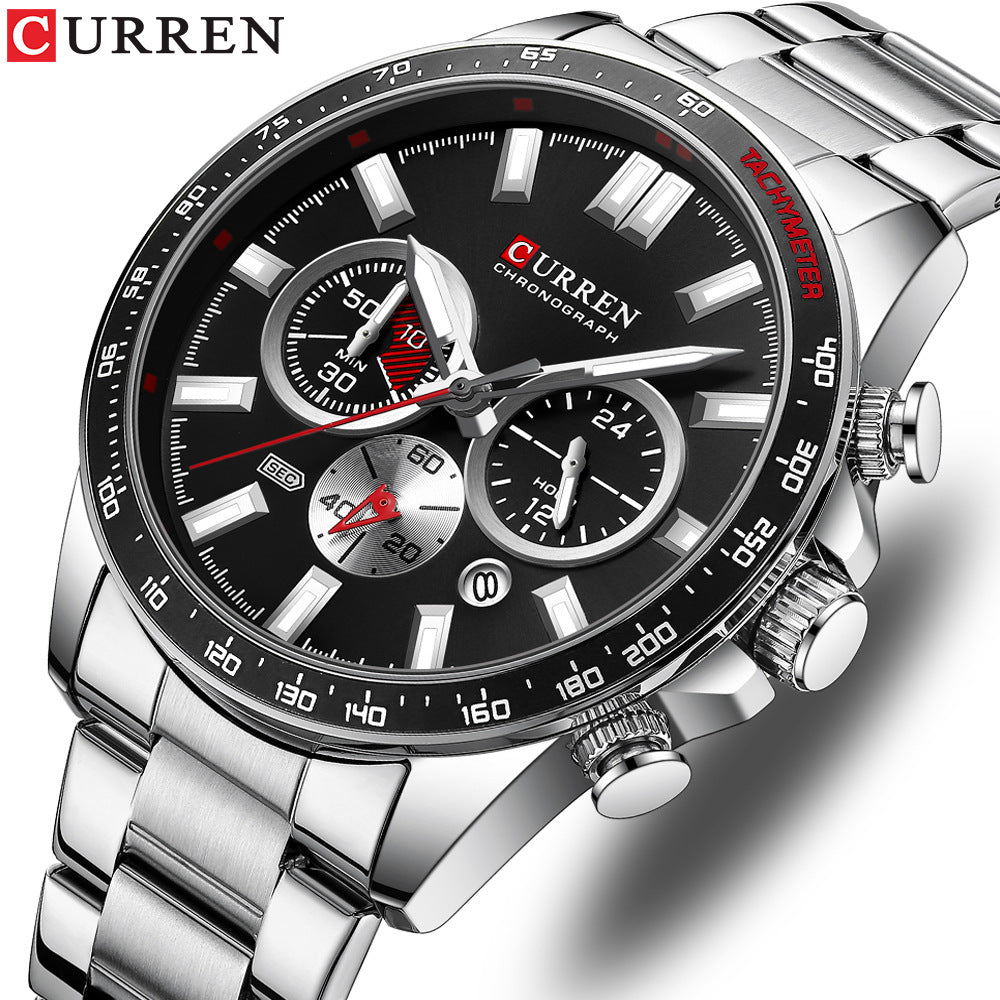 Men's business watch with six-hand dial and stainless steel bracelet