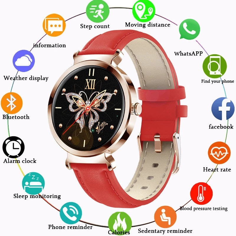 Gold smart watch with red leather strap, black dial featuring a rhinestone butterfly design