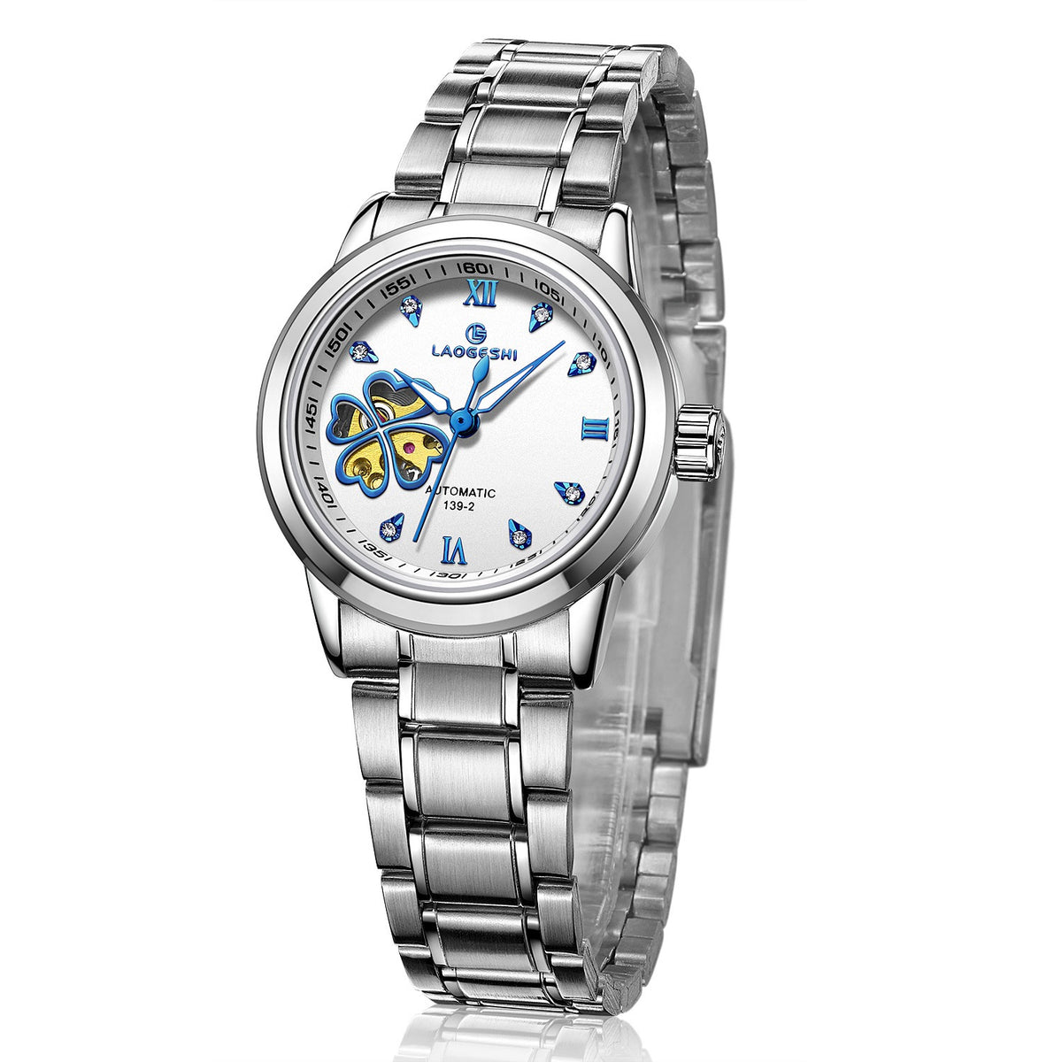 Silver automatic watch, white dial with blue four-leaf clover skeleton cutout, stainless steel bracelet, angled view