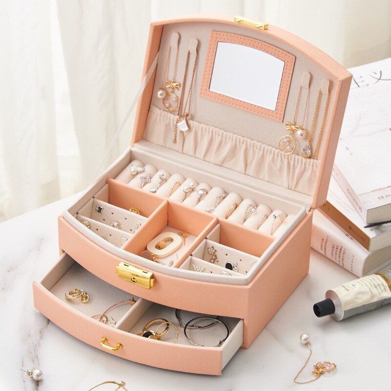 New Wear-resista Leather Jewelry Box Travel Jewelry Organizer Multifunction Necklace Earring Storage Box with Mirror Gifts