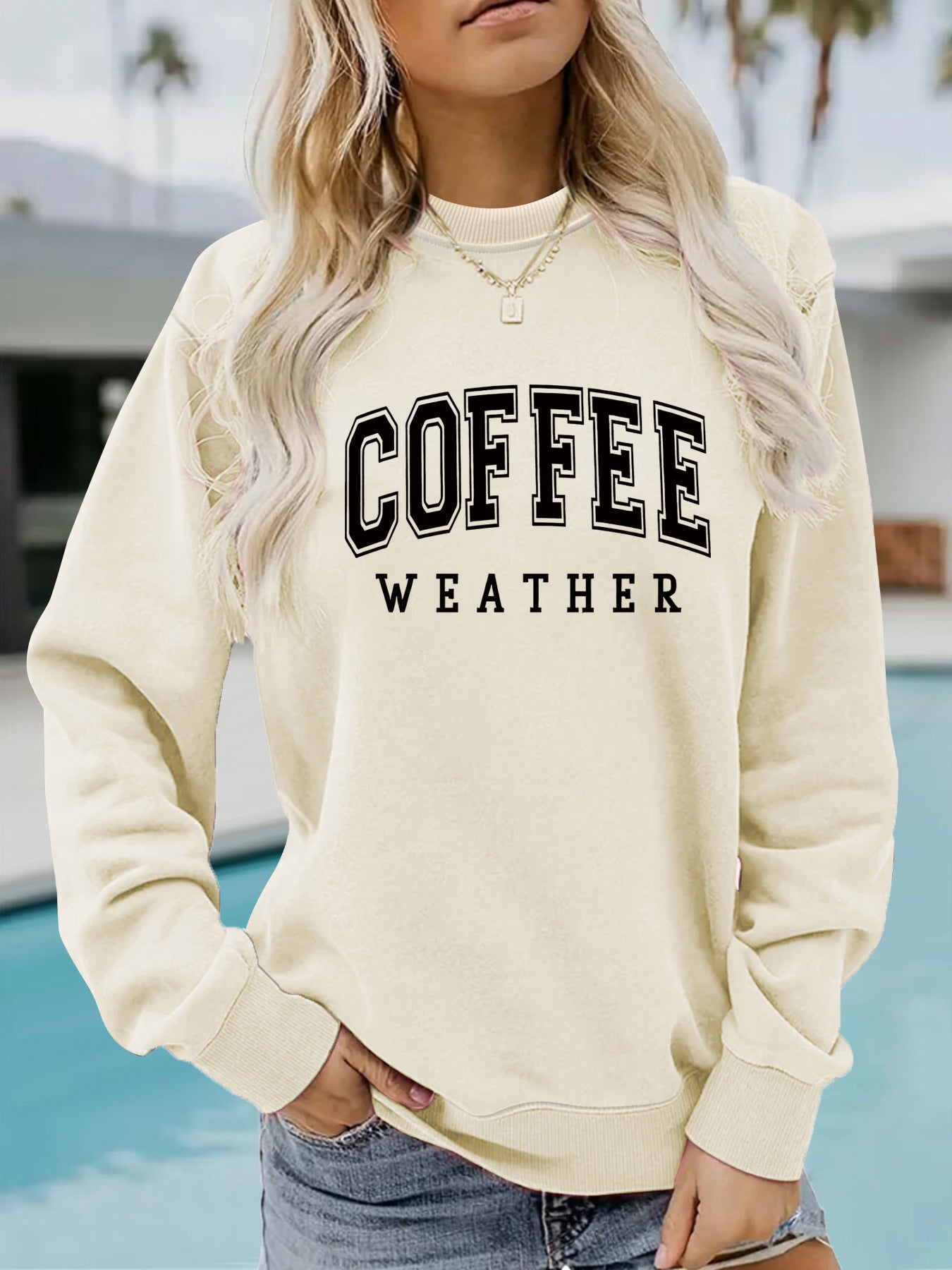 Round neck COFFEE printed pullover sweatshirt sweatshirt