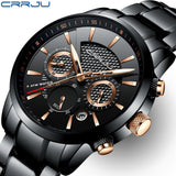 CRRJU men's chronograph watch, black dial with rose gold accents, black stainless steel bracelet