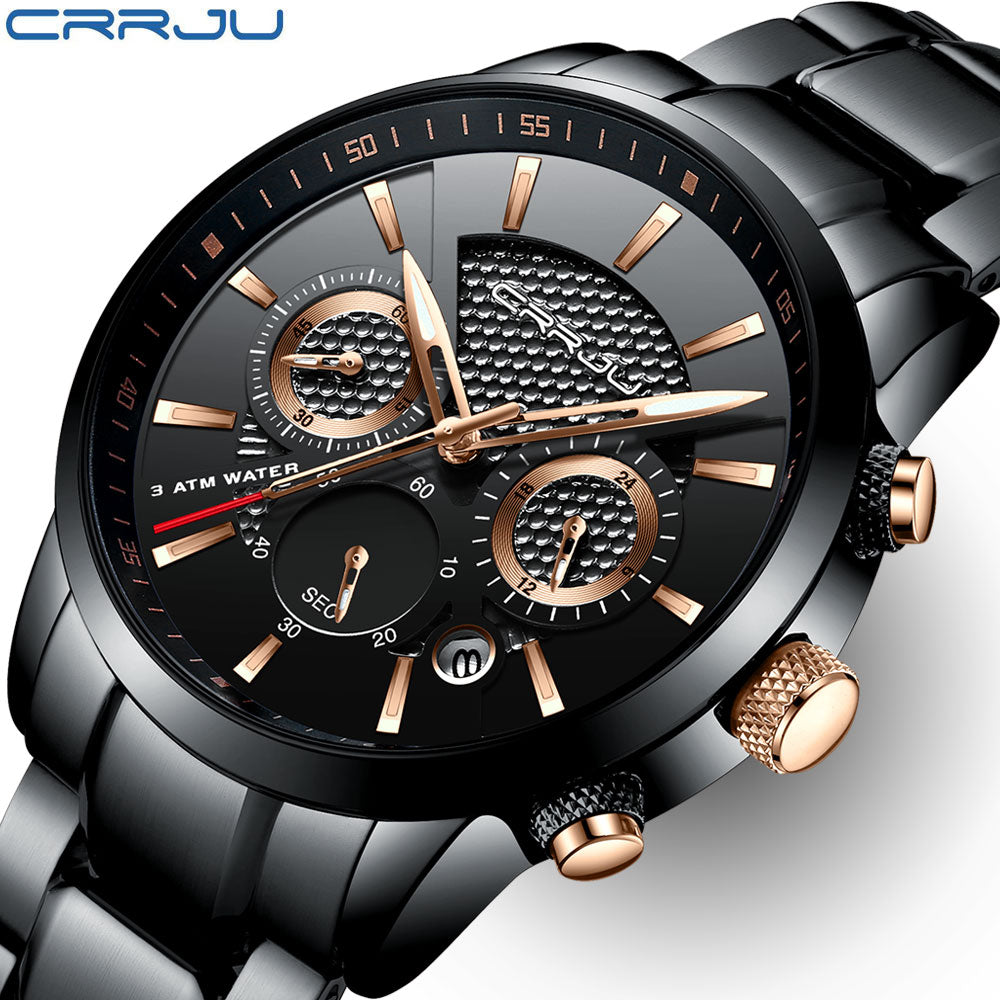 CRRJU men's chronograph watch, black dial with rose gold accents, black stainless steel bracelet