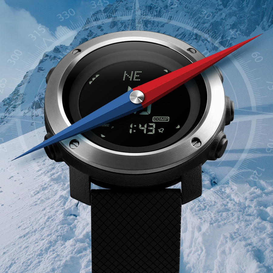 Black digital sport watch worn on wrist, showing time and date display