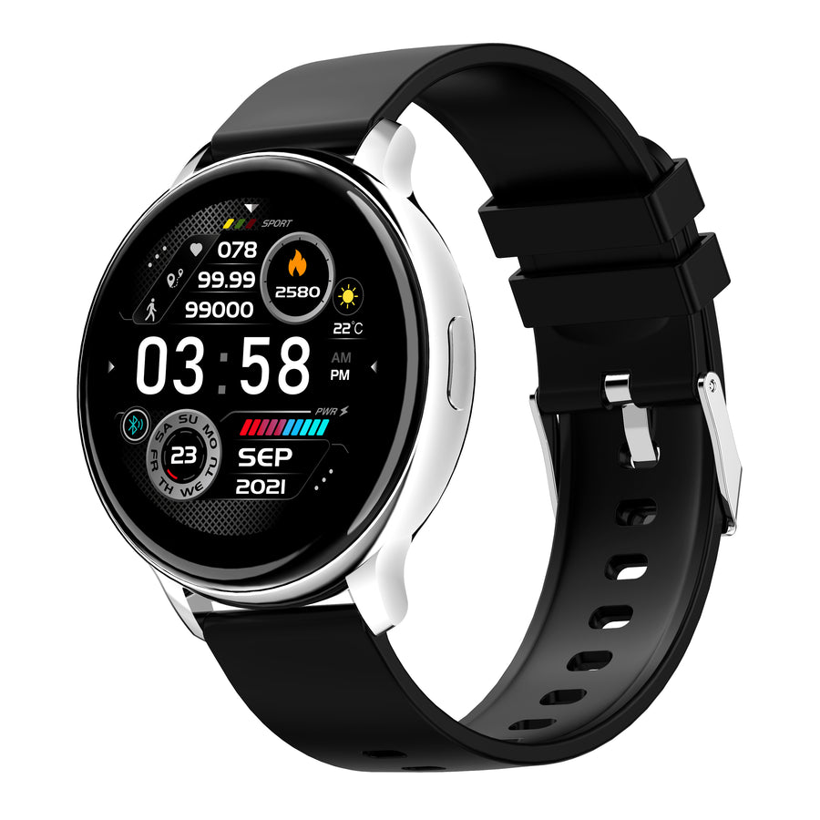 ZL27 smartwatch with black silicone band, angled view showing heart rate, steps, and date