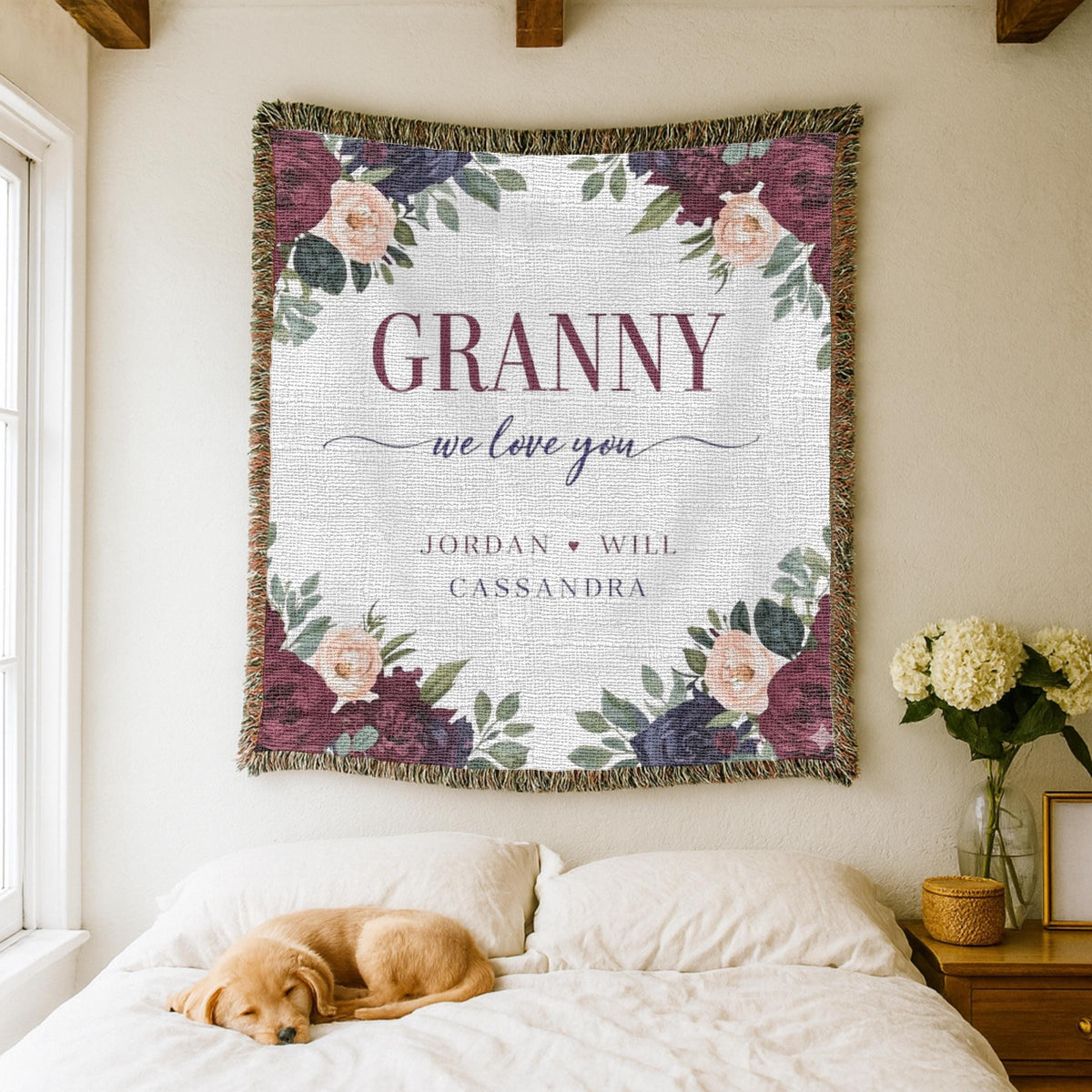 Personalized Granny Gift Woven Blanket Custom Grandmother Blanket Floral Family Name Blanket Mothers Day Gift
