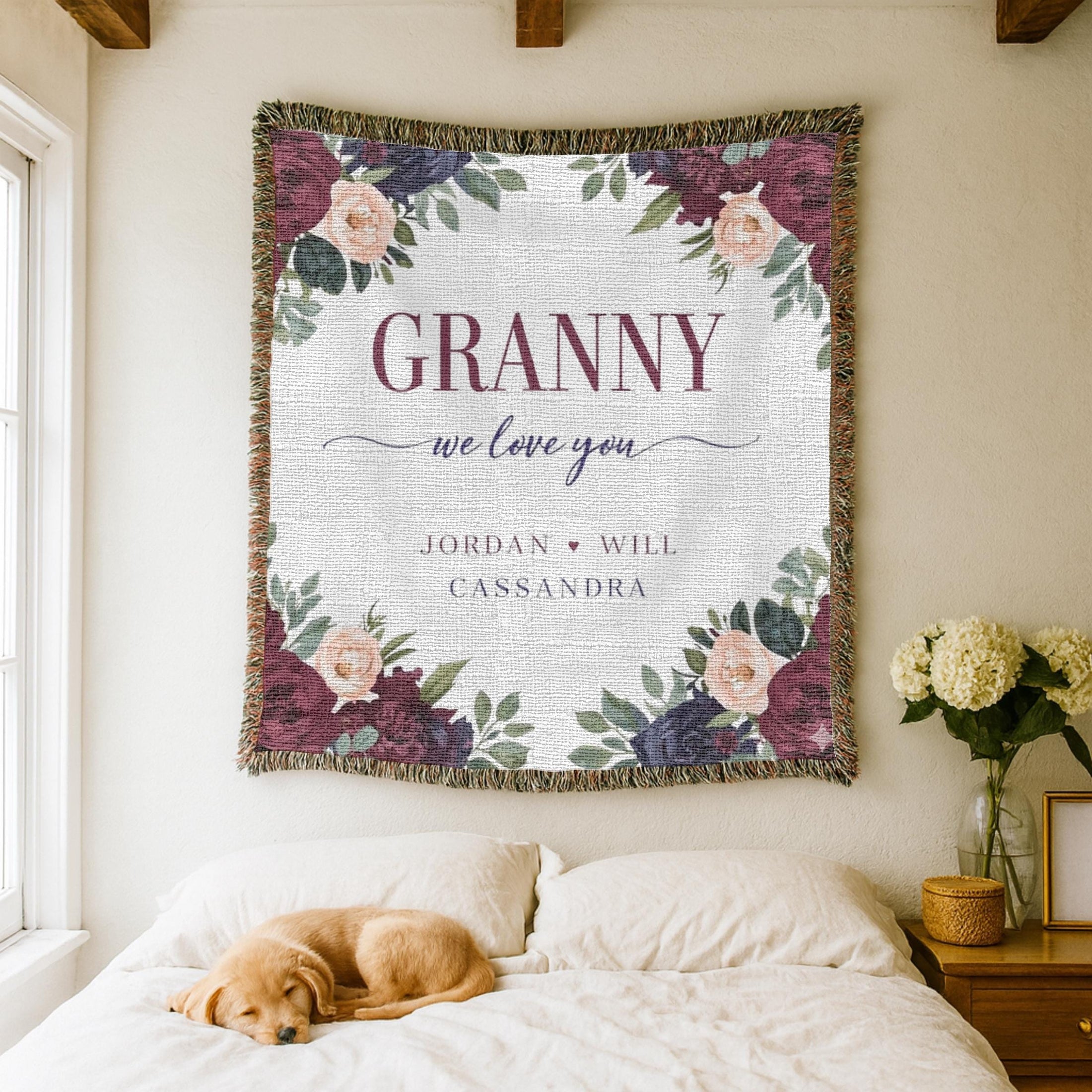 Personalized Granny Gift Woven Blanket Custom Grandmother Blanket Floral Family Name Blanket Mothers Day Gift