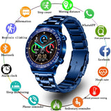 Blue smartwatch with a round face and stainless steel bracelet showing time and date