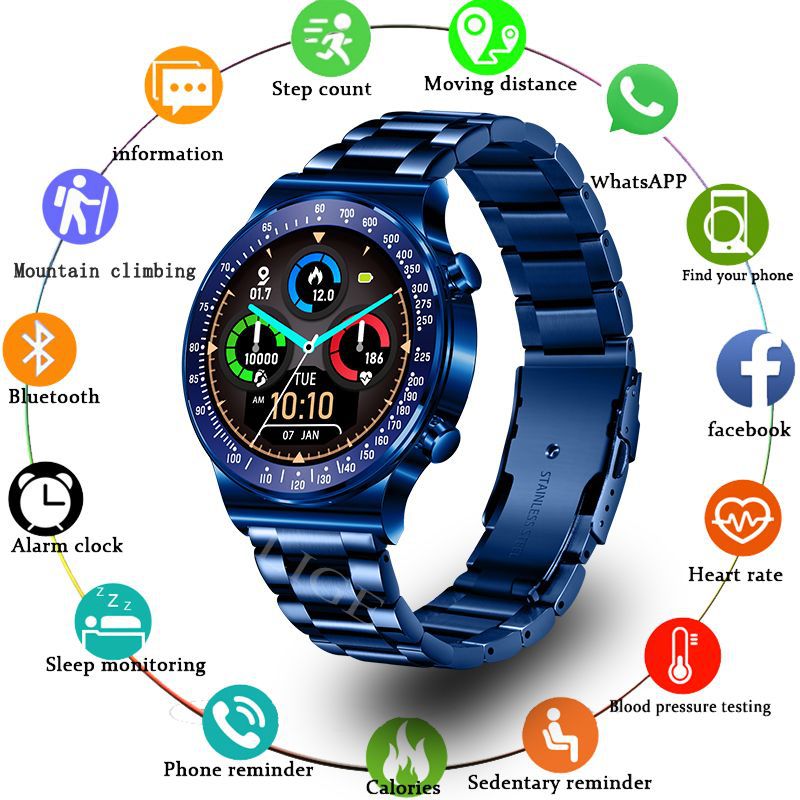 Blue smartwatch with a round face and stainless steel bracelet showing time and date