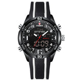 Black rugged dual-display sports watch with digital sub-screens, black silicone strap