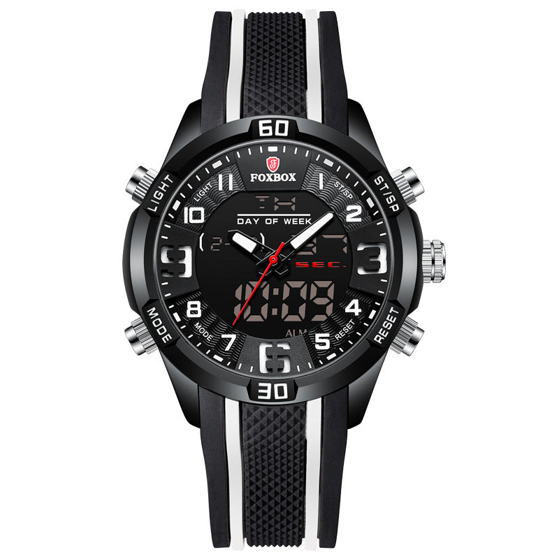 Black rugged dual-display sports watch with digital sub-screens, black silicone strap
