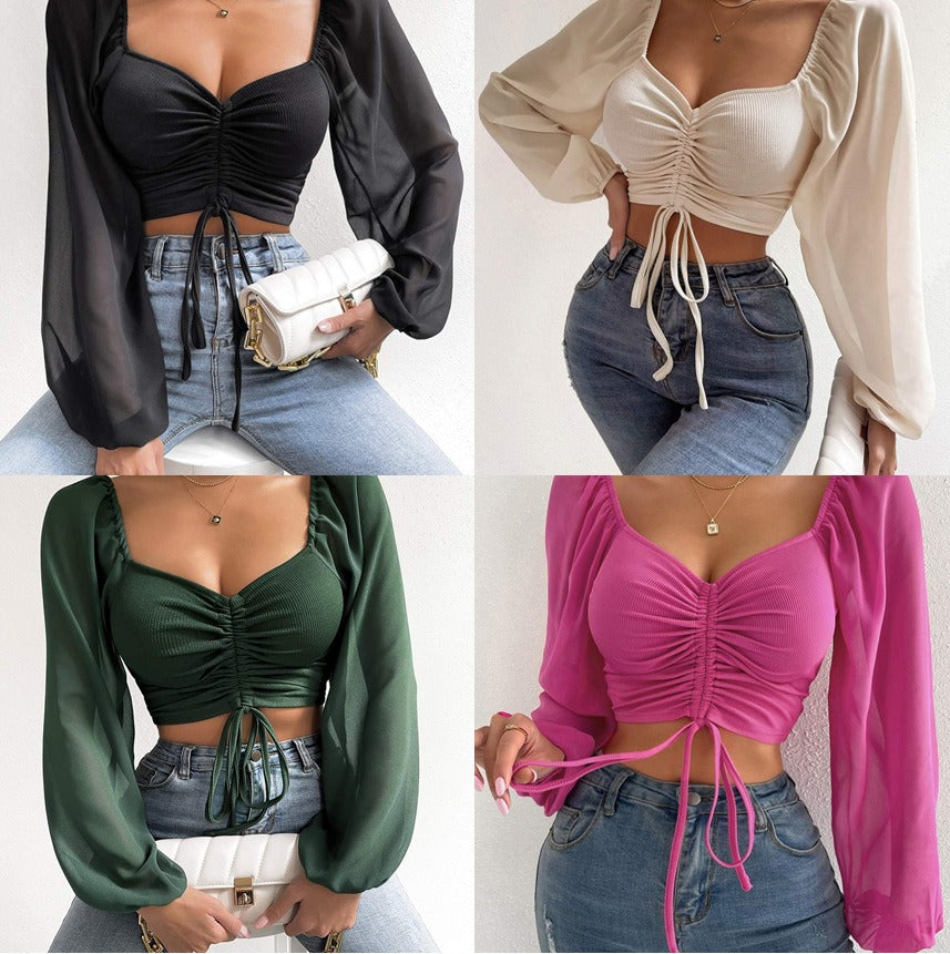 A four-panel image of a cropped top with a ruched drawstring front and sheer balloon sleeves in black, cream, green and pink.