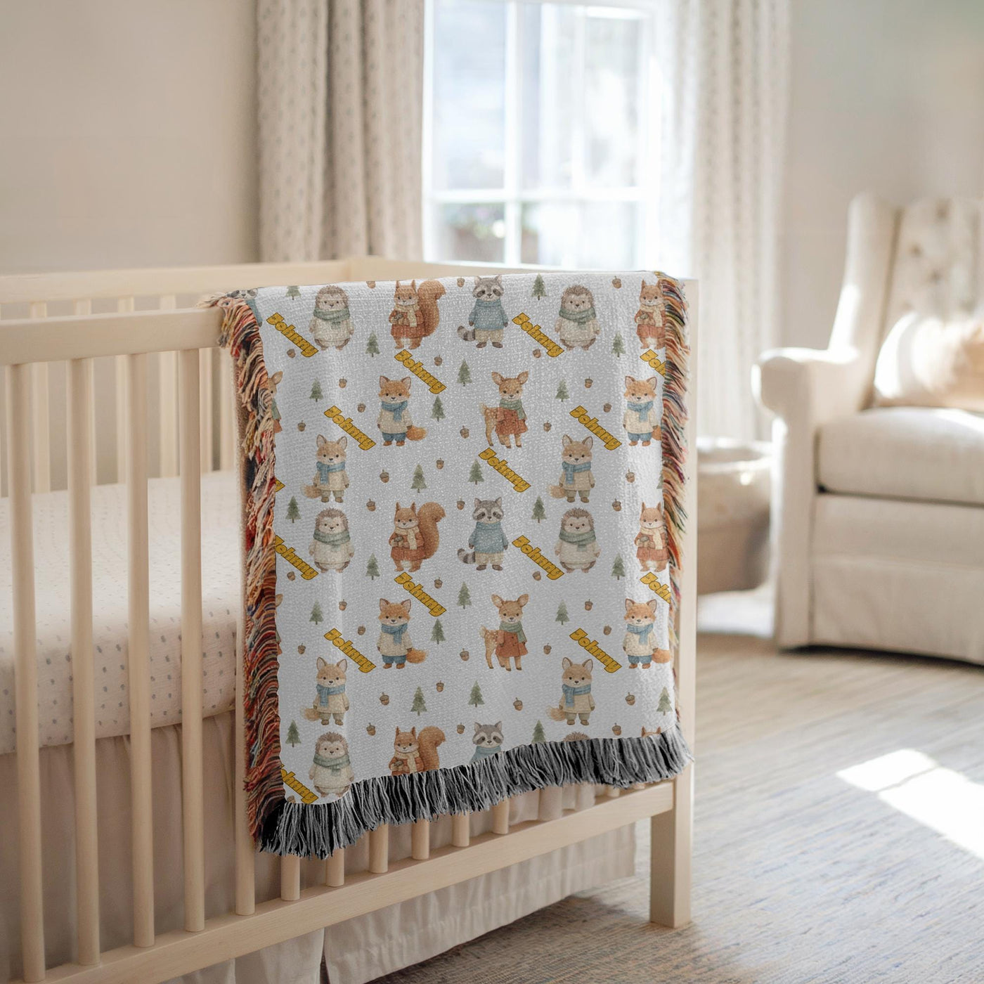 Personalized Woodland Animal Woven Blanket Custom Name Baby Blanket Forest Nursery Decor Fox Deer Bear Baby Shower Gift