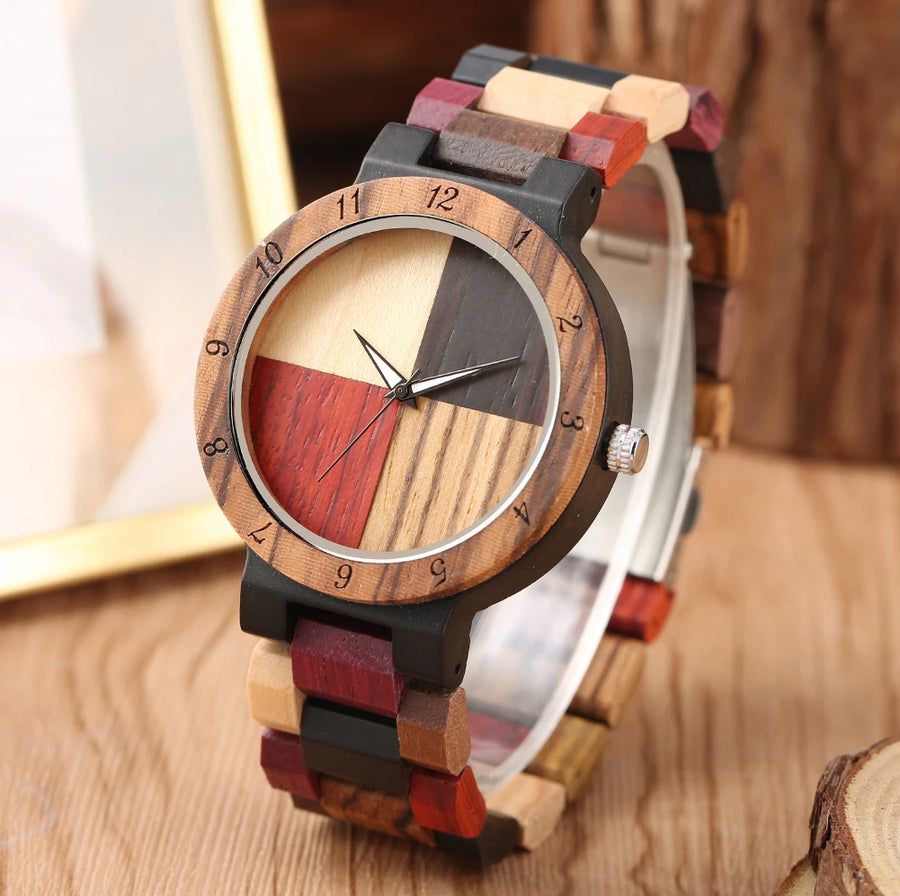 Two wood-dial quartz watches side by side with colorful patchwork wood bands, men's and women's sizes