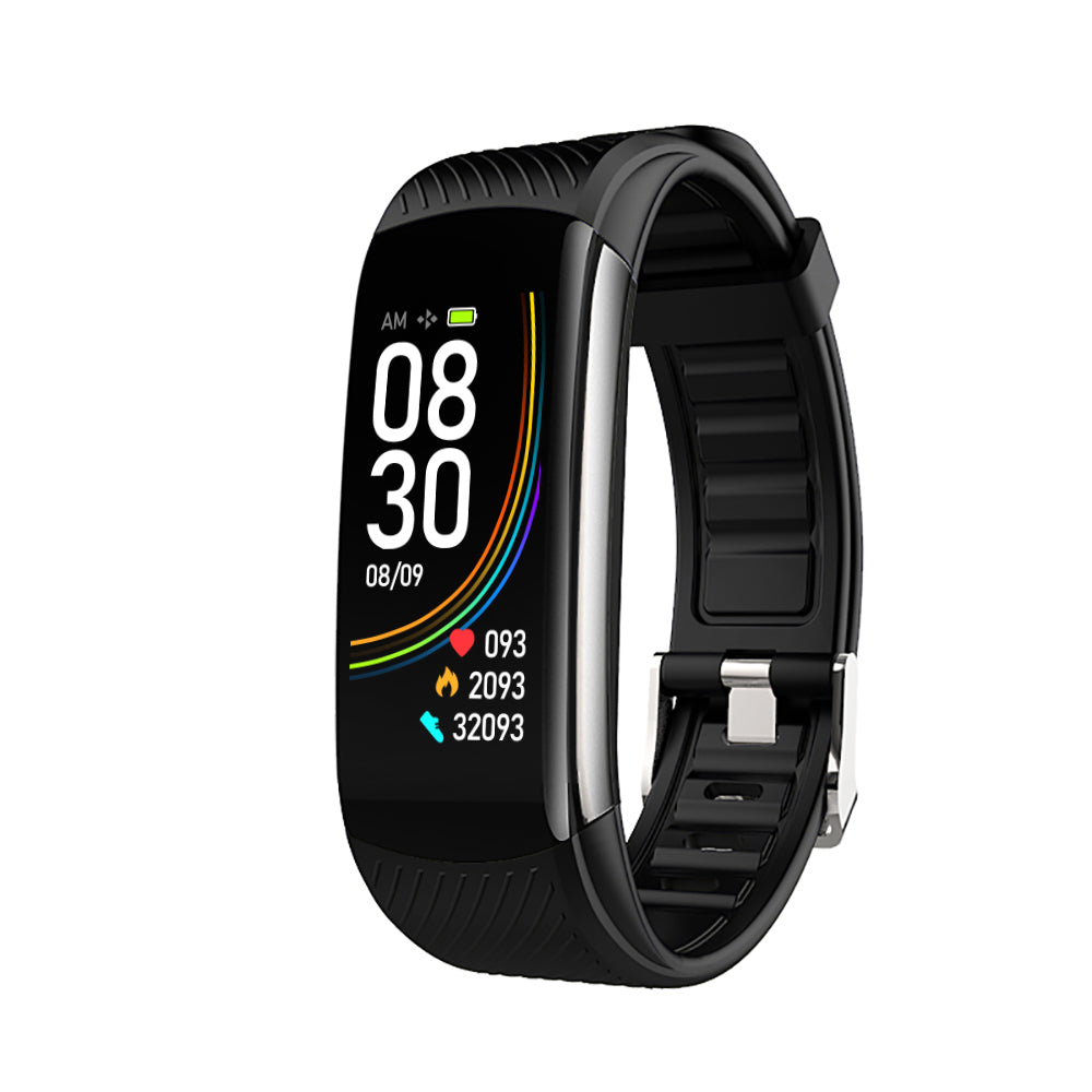 Black rectangular smart bracelet with digital time and step display