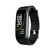 Black rectangular smart bracelet with digital time and step display