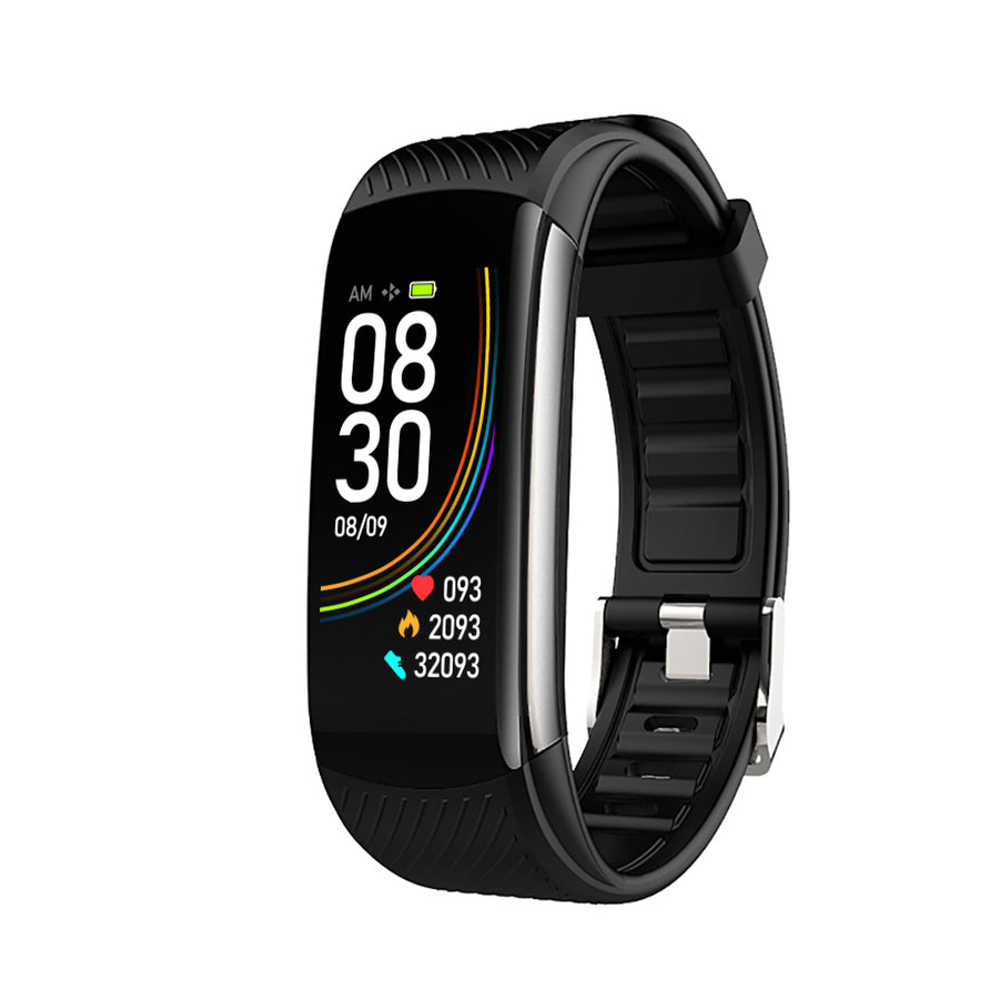 Black rectangular smart bracelet with digital time and step display