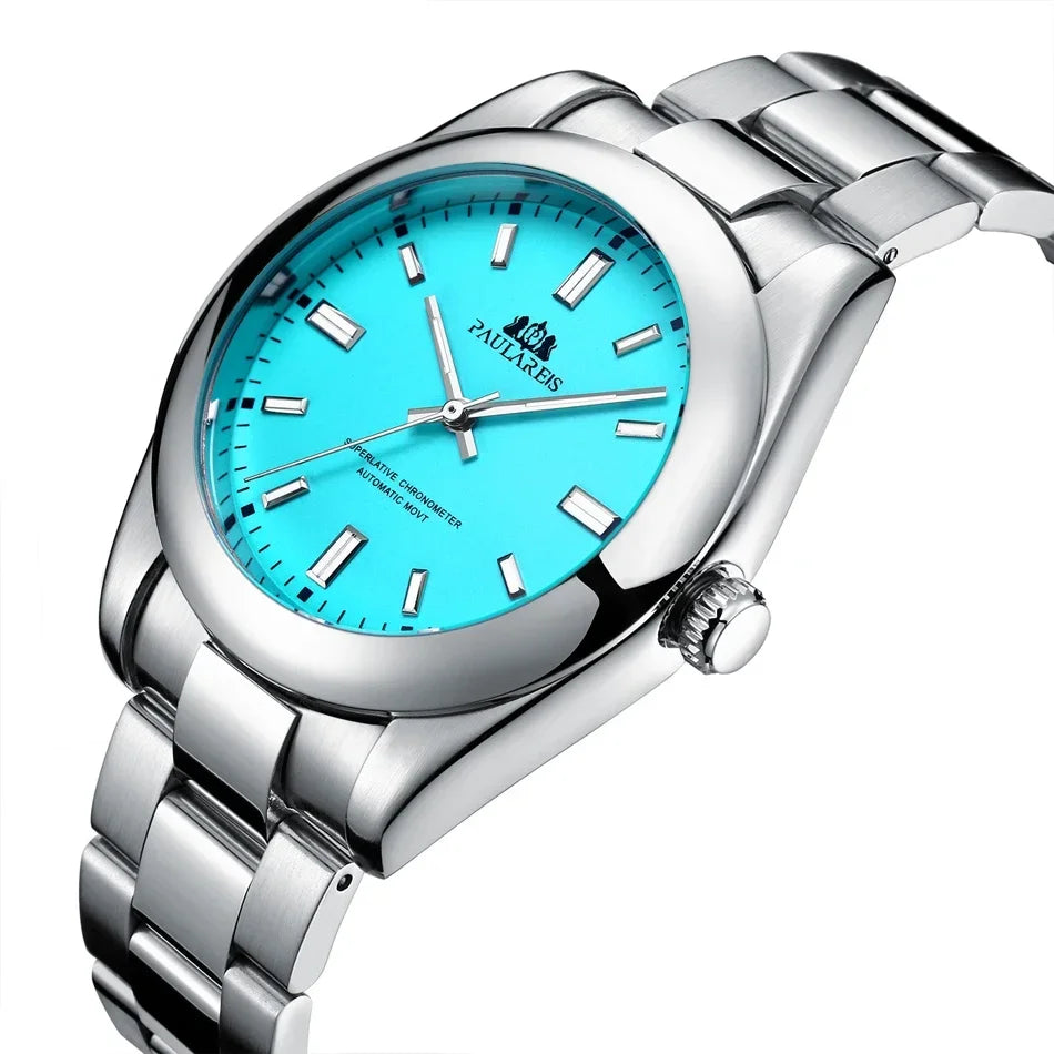 Silver automatic watch with a sky blue dial, applied steel indices, and a steel bracelet