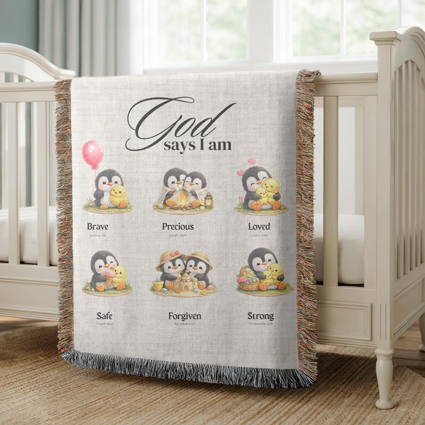 Penguin Bible Verse Kids Woven Blanket Christian Nursery Blanket Faith Baby Blanket Baptism Gift Baby Shower Gift Nursery Decor