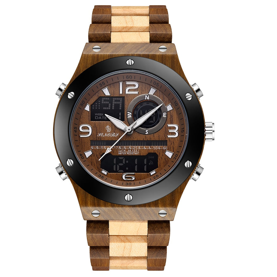 Senors wood-grain watch with analog-digital dual display face and matching wood-effect band