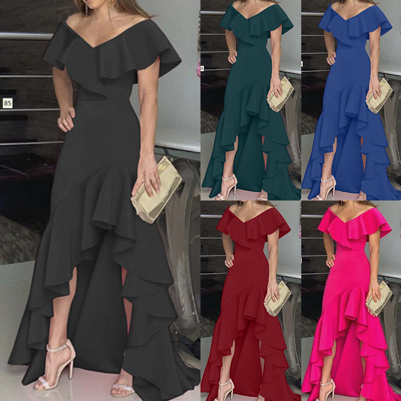 The same long dress shown in five colourways, black, teal, blue, red and fuchsia, each with a wide ruffled off shoulder neckline and a tiered high low ruffled hem, each carried with a pale gold clutch.