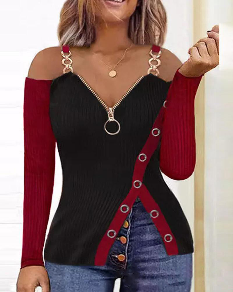Womens European and American Metal Chain Zipper V Neck Shirt With Ship Anchor Pattern Printed Zipper T Shirt
