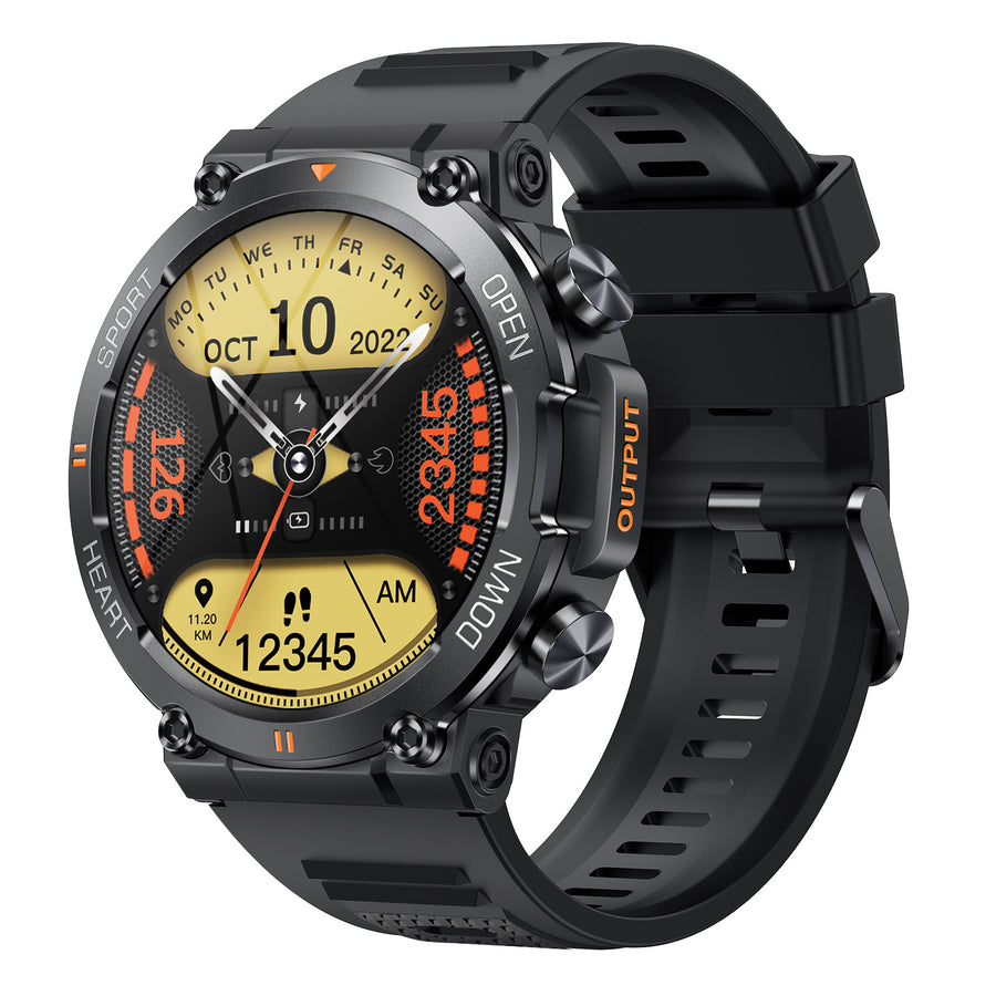 Black round smart watch with a multi-dial digital face showing time, steps, and heart rate, with orange accent buttons.