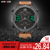 WEIDE oversized sport watch, black and gray case with digital display windows, brown leather strap