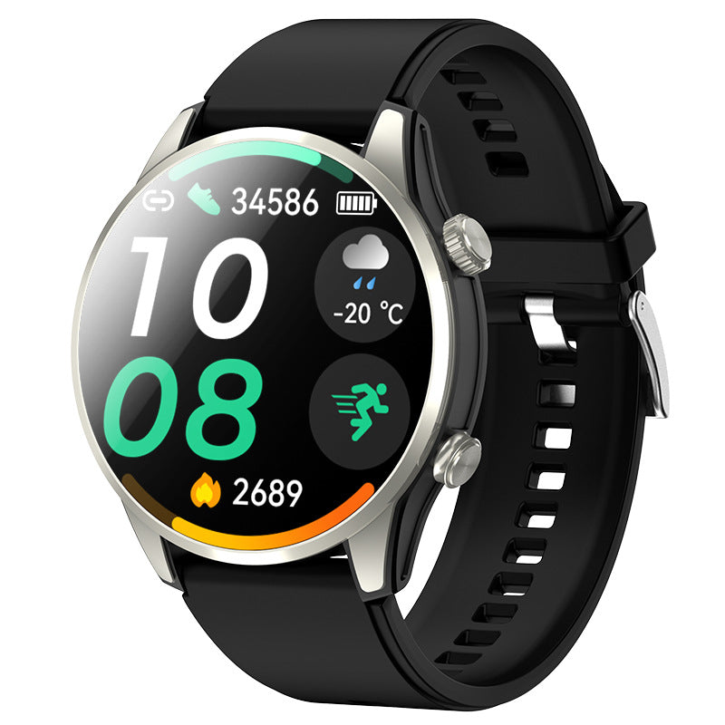 Black round smart watch with AMOLED screen showing weather, steps and time