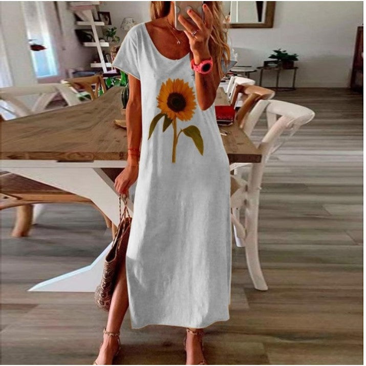 Sunflower Plant Style Ladies Print Side Slit Dress