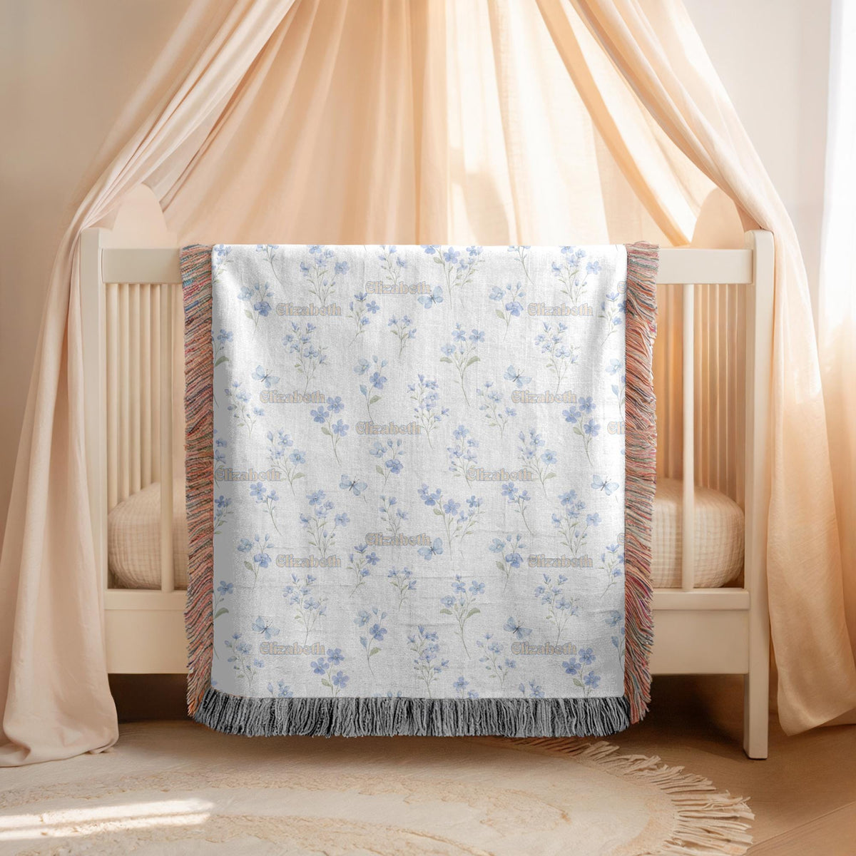 Custom Name Floral Woven Blanket Blue Flower Baby Blanket Personalized Nursery Blanket Girl Baby Shower Gift Botanical Throw
