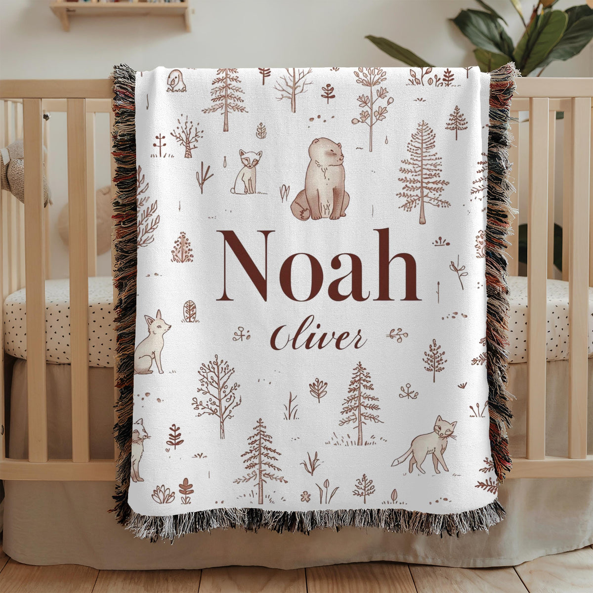 Personalized Woodland Baby Name Woven Blanket Custom Nursery Blanket Forest Animal Decor Baby Shower Gift