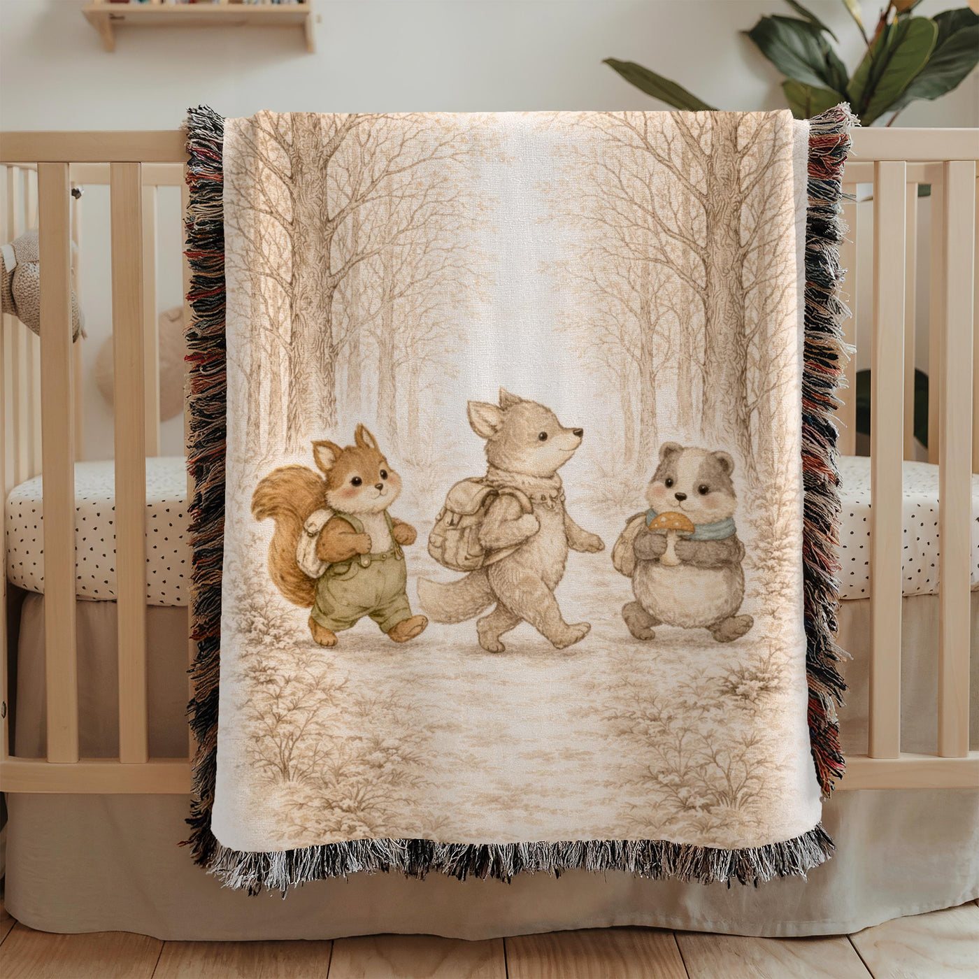 Woodland Friends Woven Blanket Forest Animal Nursery Decor Bear Fox Squirrel Kids Blanket Baby Shower Gift