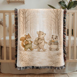 Woodland Friends Woven Blanket Forest Animal Nursery Decor Bear Fox Squirrel Kids Blanket Baby Shower Gift