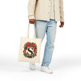 Christmas Initial Tote Bag, Personalized Cotton Canvas 15x16, Red Bow Monogram, Evergreen Wreath Holiday Gift