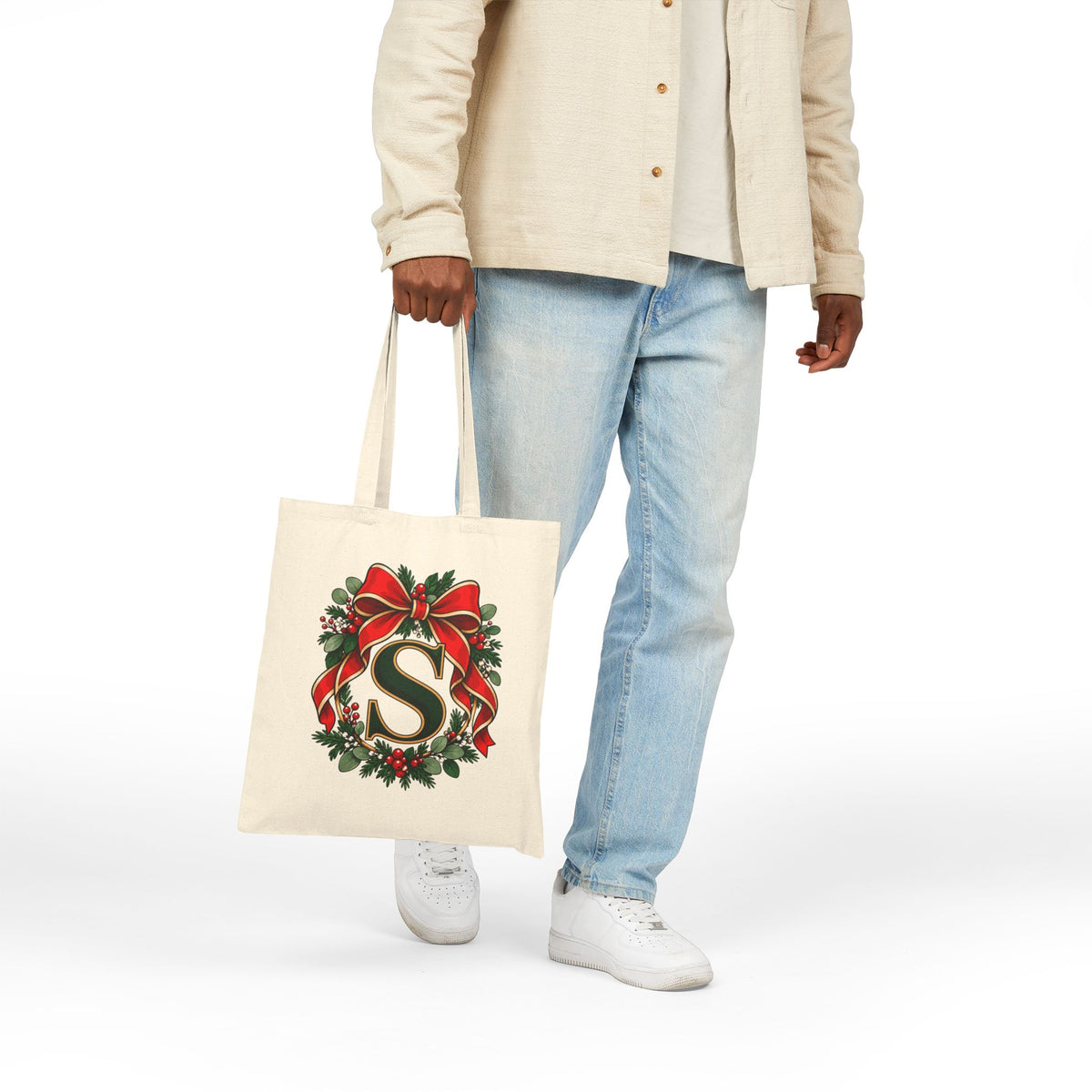 Christmas Initial Tote Bag, Personalized Cotton Canvas 15x16, Red Bow Monogram, Evergreen Wreath Holiday Gift