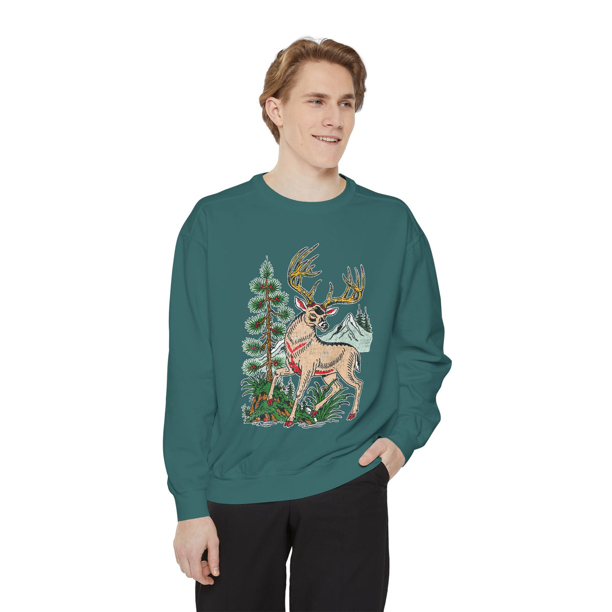 Woodland Deer Sweatshirt, Rustic Stag and Mountain Graphic, Gift for Wildlife Lovers and Hikers, Forest Inspired Cabin Weekend Clothing