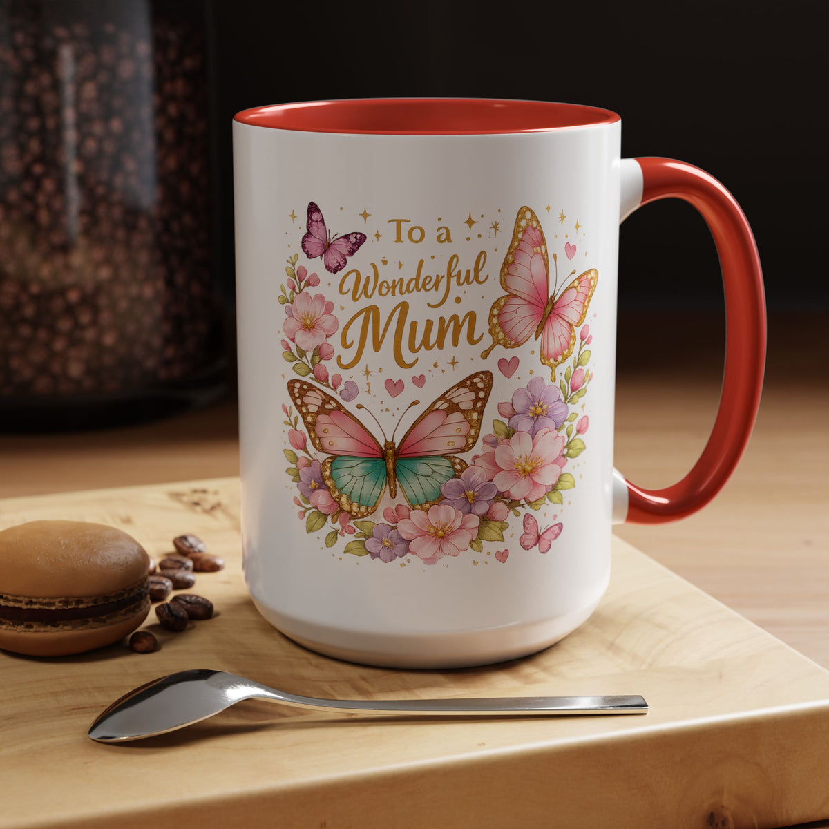 To a Wonderful Mum Coffee Mug, Cute Butterfly Birthday Gift for Mother, Floral Pastel Watercolor Ceramic Tea Cup with Pink Handle, Mum Gift