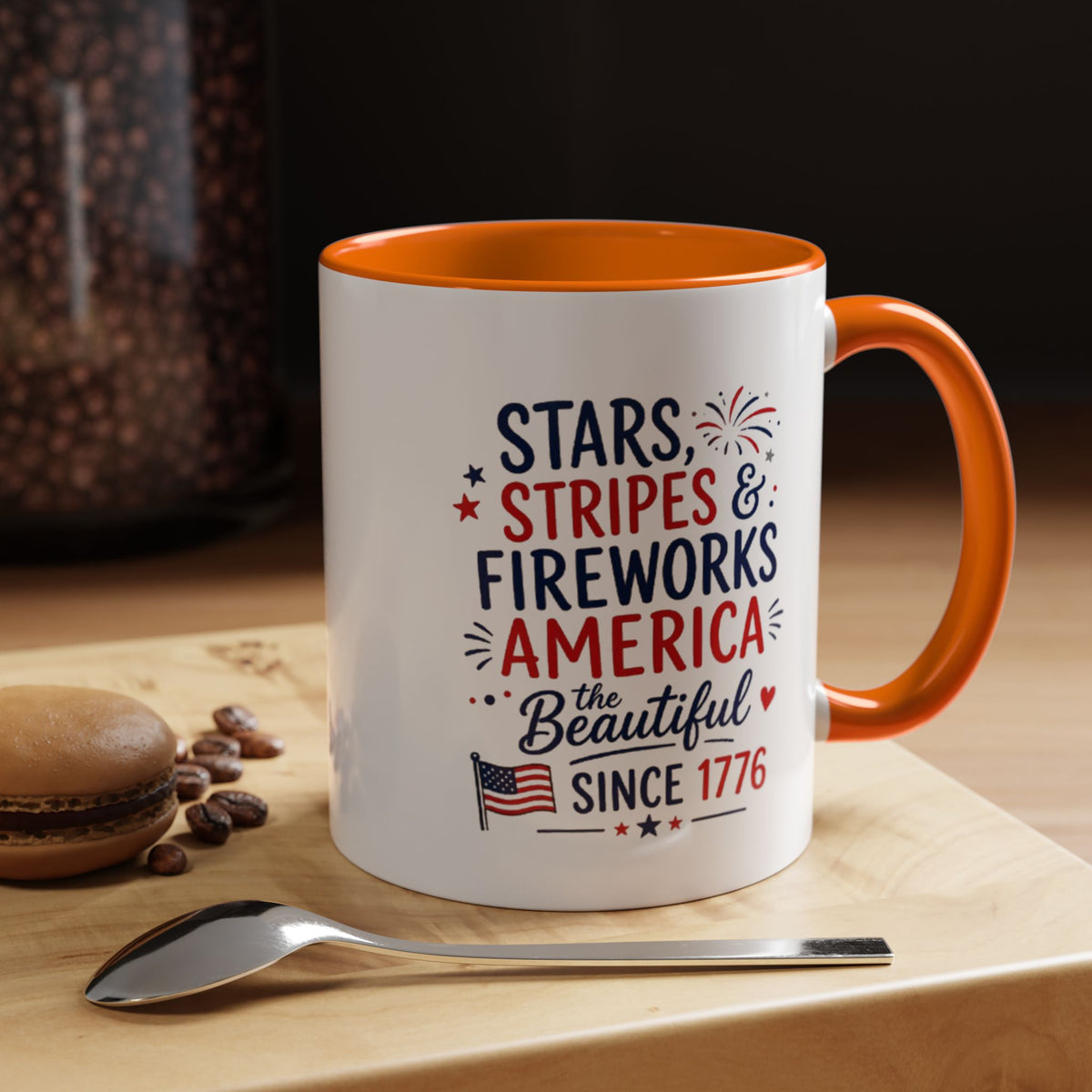 Stars and Stripes Coffee Mug, 4th of July Fireworks Gift for Hostess, America the Beautiful Since 1776 Patriotic Ceramic Tea Cup