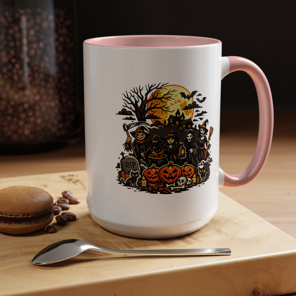 Halloween Witch Coffee Mug, Spooky Reaper and Pumpkin Cup, Gothic Horror Gift for Halloween Lover, Haunted House October Drinkware