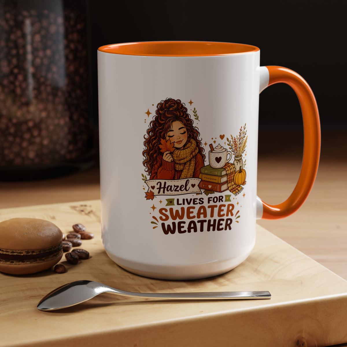 Personalized Sweater Weather Mug, Custom Name Fall Coffee Cup, Cozy Book Lover Gift for Her, Autumn Pumpkin and Reading Design