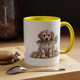 Cute Puppy Coffee Mug, Fluffy Dog Holding Daisies on a Gingham Blanket, Birthday Gift for a Dog Mom or Animal Lover Who Enjoys Cottage Style