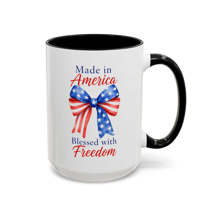 Made in America Blessed with Freedom Mug, Patriotic American Flag Bow Coffee Mug, USA Pride Gift for Women, Fourth of July Cup
