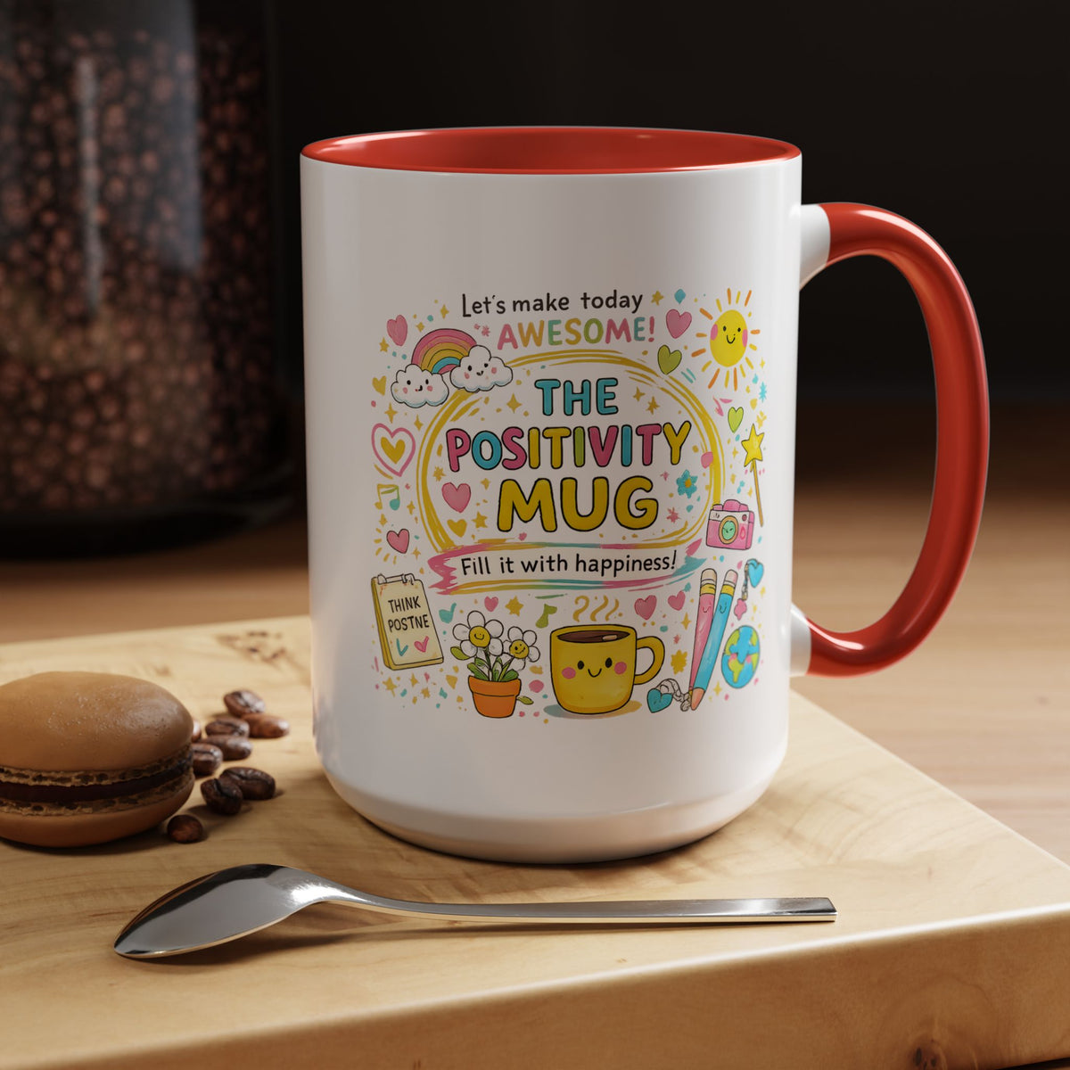 The Positivity Mug, Funny Sarcastic Office Gag Gift for Coworkers, Bright Doodle Aesthetic Motivational Coffee Cup with Orange Handle