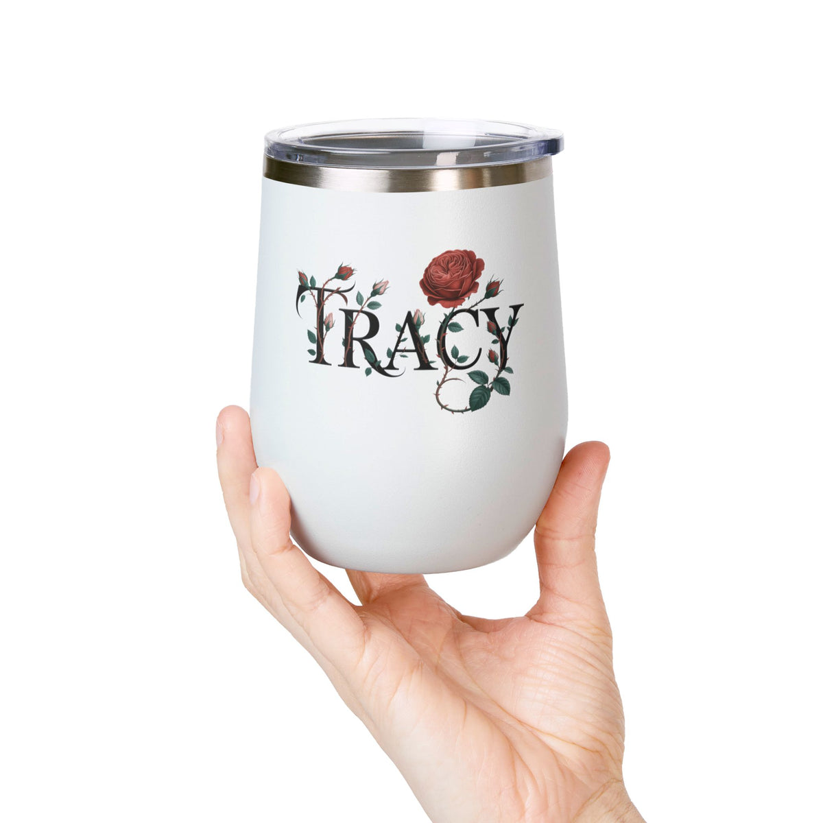 Personalized Floral Wine Tumbler, Custom Name Rose Tumbler, Botanical Drinkware for Women, Personalized Gift for Her, Garden Lover Gift