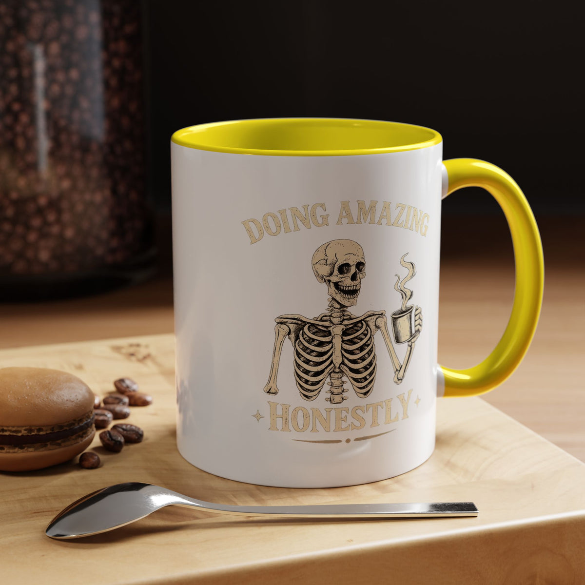 Doing Amazing Honestly Skeleton Coffee Mug, Funny Burnout Gift for Coworker, Sarcastic Office Coffee Cup, Tired but Thriving Mug