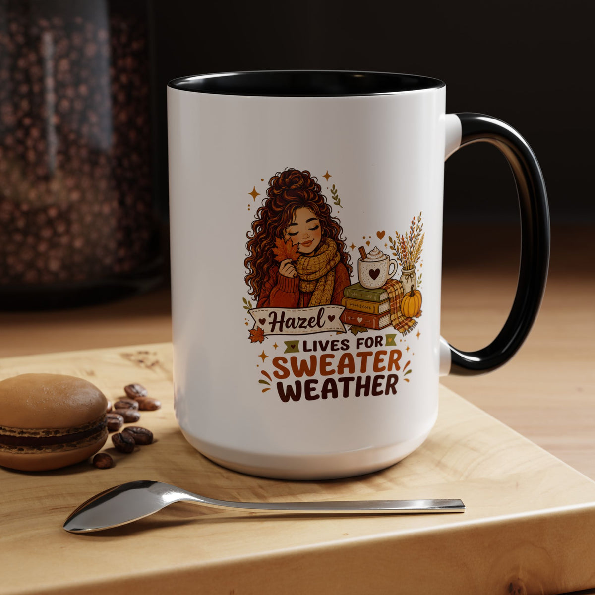 Personalized Sweater Weather Mug, Custom Name Fall Coffee Cup, Cozy Book Lover Gift for Her, Autumn Pumpkin and Reading Design