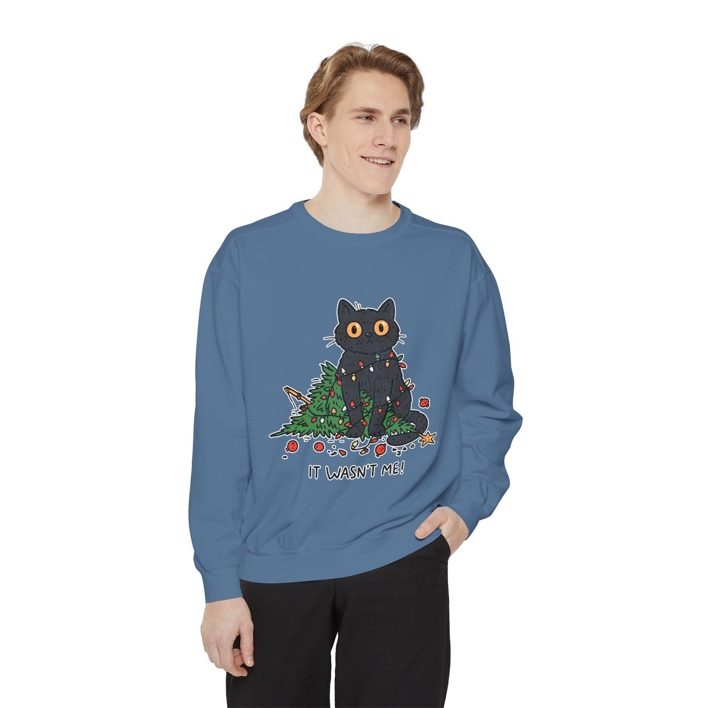 It Wasn't Me Black Cat Christmas Sweatshirt, Funny Holiday Crewneck, Mischievous Kitty Lights Pullover, Gift for Cat Mom or Cat Dad