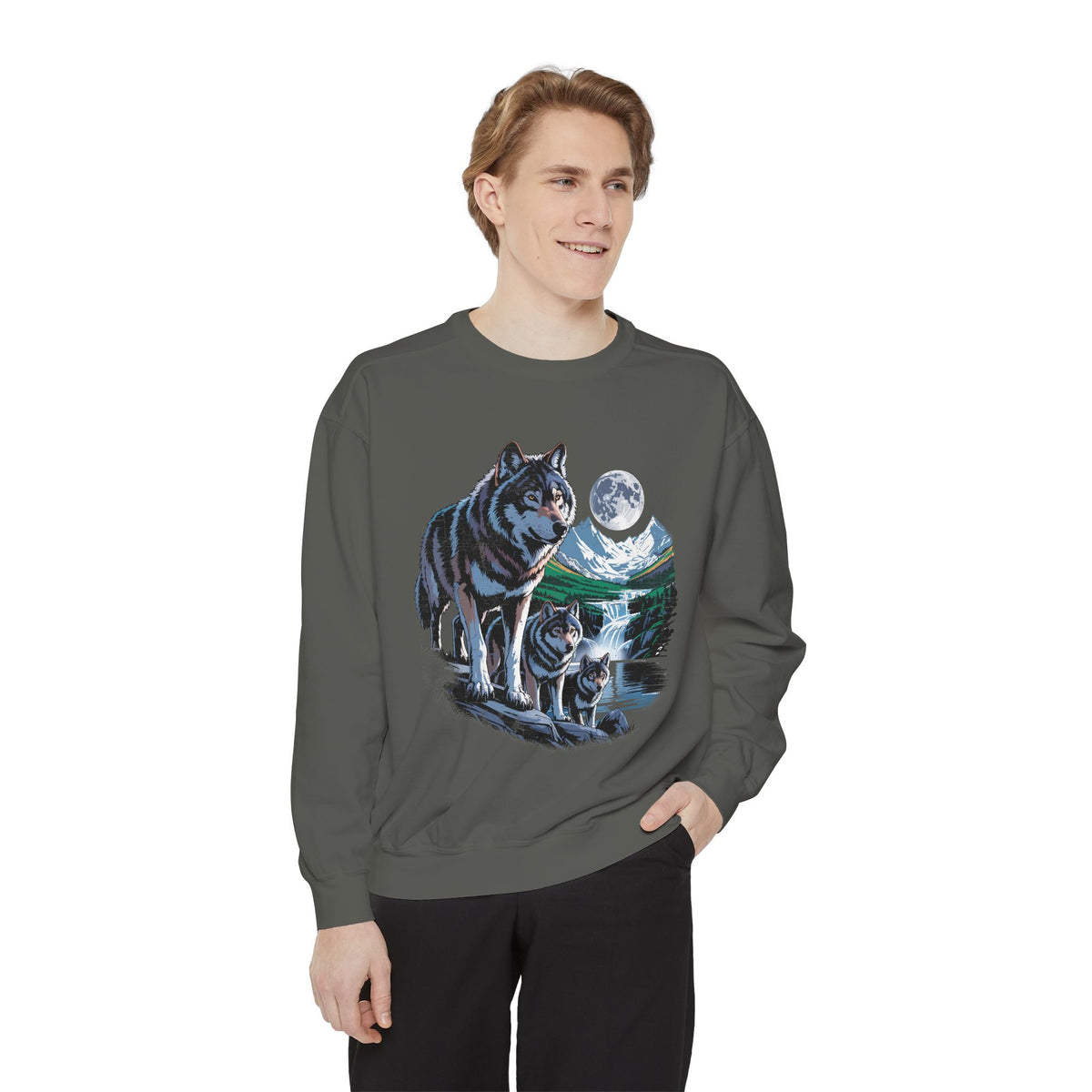 Wolf Pack Mountain Sweatshirt, Moonlit Wildlife Crewneck, Nature Lover Gift, Wilderness Forest Graphic Cozy Outdoor Pullover Unisex Top